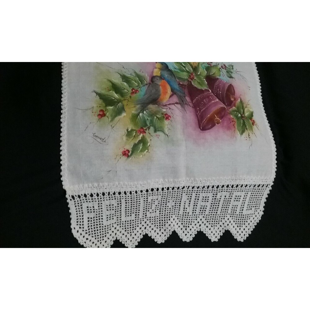 Vintage Feliz Natal Hand Painted Linen Half Runner Signed by Artist
